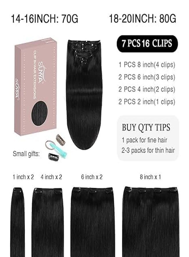 SUYYA Clip in Hair Extensions Real Human Hair 7 Pcs Human Hair Clip in Extensions Straight Remy Human Hair Extensions Clip ins for Women Double Weft 12 Inch #1 Jet Black 70G - Image 2